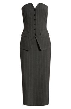 Suiting style comes for after-hours affairs in this pinstriped dress designed to showcase your shoulders. 42 1/2" center front length (size Medium) Hidden back-zip closure Strapless Partially lined 65% polyester, 30% viscose, 5% elastane Hand wash, dry flat Imported Fitted Pinstripe Sleeveless Dress, Fitted Sleeveless Pinstripe Dress, Fitted Dresses With Vertical Stripes For Work, Fitted Midi Dresses With Vertical Stripes, Striped Sleeveless Formal Dress, Fitted Knee-length Dress With Vertical Stripes, Elegant Striped Lined Dress, Striped Fitted Knee-length Dress, Spring Pinstripe Dresses For Workwear