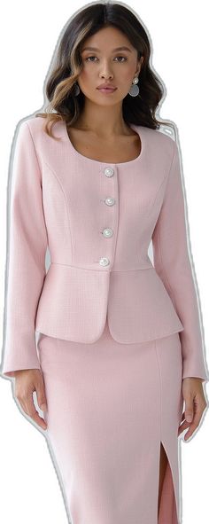 Pink Long Sleeve Skirt Suit For Work, Feminine Fitted Skirt Suit With Long Sleeves, Feminine Fitted Long Sleeve Skirt Suit, Chic Fitted Pink Skirt Suit, Pink Fitted Skirt Suit For Workwear, Fitted Skirt Suit With Buttons For Office, Chic Pink Skirt Suit For Office, Chic Pink Skirt Suit For Formal Occasions, Chic Pink Skirt Suit For Formal Events