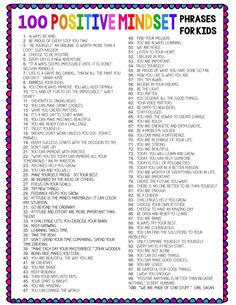 the 100 positive minds phrases for kids to use in their writing and reading skills, including