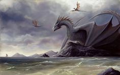 a painting of a dragon sitting on top of a rock in the ocean with birds flying around