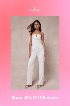 Prepare to leave everyone stunned by the way you strut in the Lulus Striking Attitude White Strapless Surplice Jumpsuit! Sleek woven fabric shapes this impressive jumpsuit with a notched, strapless neckline (with hidden no-slip strips) and a surplice bodice with folded lapels (and supportive side boning). High, fitted waist sits atop straight pant legs that end at ankle-length hems. Hidden back zipper/clasp. Fit: This garment fits true to size. Length: Floor length. Size medium measures 51.75" f Chic Strapless Jumpsuits And Rompers, Chic Strapless Summer Pantsuit, Elegant Strapless Jumpsuits And Rompers For Spring, Elegant Strapless Jumpsuit For Spring, Chic Strapless Overall Jumpsuit For Night Out, Work Christmas Party, Lulu Fashion, Strapless Neckline, Adhesive Bra