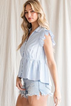 The Plum Top is a striped print top with an open collared neck and ruffled cap sleeves. Spring Striped V-neck Shirt, Striped Short Sleeve Blouse For Spring, Summer Vertical Stripes Collared Top, Summer Collared Top With Vertical Stripes, Summer Collared Tops With Vertical Stripes, Sleeveless Pinstripe Tops For Summer, Spring Short Sleeve Blouse With Vertical Stripes, Chic Vertical Stripes Blouse For Spring, Chic Spring Blouse With Vertical Stripes