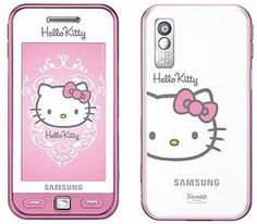 an image of a cell phone with hello kitty on the front and back cover in pink