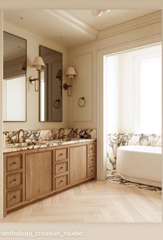 a bathroom with marble counter tops and wooden cabinets, along with a bathtub in the corner