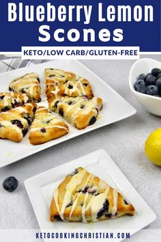 blueberry lemon scones on white plates next to bowl of blueberries