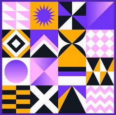 an abstract painting with geometric shapes and colors in purple, pink, yellow and black