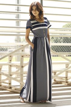 95% Polyester 5% Spandex Made in the USA Pocket Maxi Dress, Maxi Jumpsuit, Short Sleeve Maxi Dresses, Design Dress, Maxi Dress With Sleeves, Navy Stripes, Striped Shorts, Womens Maxi Dresses, Stripes Design