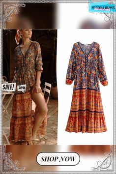 New Cotton Print Women's V-neck Hollow Long Dress Long Dress, V Neck, Best Deals