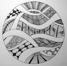 a black and white drawing of an abstract design with wavy lines in the shape of a circle