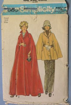 Simplicity 6680.   Vintage 1974 Lined cape in two lengths pattern.  Size Small (SZ 8-10).  See picture 3 for measurements. Pattern is uncut and factory folded.  The envelope is in fair condition - storage wear. As described, "Misses cape in two lengths.  The lined cape with notched collar has front button closing and opening for arms in side front seams.  The top stitched short cape View 1 has welts stitched to side front at opening for arms.  View 2 cape is long." Classic cape pattern - lovely in both lengths. Vintage Cape For Fall Costume, Vintage Capelet For Winter, Vintage Winter Capelet, 1970s Sewing Patterns, Patron Vintage, Sewing Vintage, Cape Pattern, Vintage Cape, Vintage Dress Patterns