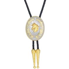 Elevate your Western ensemble with our Gold Horse Head Bolo Tie, a statement piece designed to exude elegance and distinction. Crafted with braided leather cords and zinc alloy accents, this 38" (96cm) bolo tie features a captivating pendant measuring 1.8" (4.5cm) x 2.3" (5.8cm), adorned with a majestic golden horse head.  Constructed with the finest materials, this bolo tie is built to withstand the test of time, ensuring both durability and style. The metal tips on the leather cord provide a r Western Jewelry With Adjustable Chain, Western Style Jewelry With Adjustable Chain, Western Style Silver Necklace With Adjustable Length, Western Silver Necklace With Adjustable Length, Western Style Lariat Jewelry With Adjustable Length, Western Style Gold Lariat Jewelry, Rodeo Lariat Bolo Tie With Adjustable Length, Adjustable Lariat Bolo Ties For Rodeo, Adjustable Length Lariat Bolo Ties For Rodeo