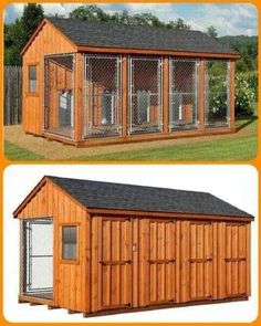 two pictures of a chicken coop with the doors open