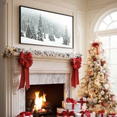 a decorated christmas tree in front of a fireplace with presents on the mantle next to it