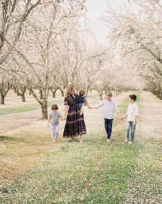 a family walking through an orchard holding hands