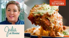 a woman with a fork in her hand next to a plate of lasagna