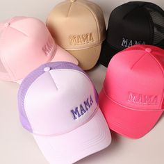 Mama Embroidered Foam Mesh Back Trucker Hat, Embroidery Cap, Cotton Baseball Mesh Back Cap, Stylish Cap for Everyday Fashion. This custom embroidery baseball cap is the perfect choice for everybody! Perfect for dog walking, the beach, the gym, the pool, and everyday wear!  It's fully adjustable and easy to style! ** 🧢 Detail & Features 🧢 ** - "MAMA" Text Embroidery  - 5 Panel Trucker Hat - Meshed Back  - Casual Hat for Everyday Fashion *One Size Fits All - Adjustable Strap Makes Fit Comfortabl Pink Adjustable Baseball Cap With Letter Embroidery, Pink Baseball Cap With Letter Embroidery, Letter Embroidery Trucker Baseball Cap, Pink Adjustable Hat With Letter Embroidery, Pink Hat With Letter Embroidery And Curved Brim, Pink Cap With Letter Embroidery, Adjustable Snapback Trucker Hat With Letter Embroidery, Adjustable Trucker Hat With Letter Embroidery, Embroidery Caps