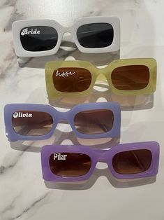 These personalized sunglasses are the perfect accessory for any party or event. The perfect party favor or matching accessory for a Bachelorette Party, birthday party or any event! They come with a drawstring case. Let your creative juices flow and personalize with any name, word, or saying. *UV protection polarized lenses* Message me about bulk order pricing! Retro Sunglasses With Tinted Lenses For Gift, Retro Sunglasses With Tinted Lenses As Gift, Retro Sunglasses With Tinted Lenses As A Gift, Fun Customizable Sunglasses For Party, Customizable Fun Sunglasses For Parties, Trendy Personalized Party Sunglasses, Personalized Sunglasses, 90s Vibes, Matching Accessories