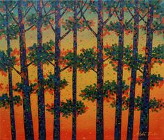 a painting of trees with orange sky in the background