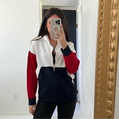 Cute Red, White, And Blue Tommy Hilfiger Hoodie ¾ Zip Up Neck Detail Front Pocket Pouch Dolman Sleeves Gives A Slight Over Size Look New Without Tags Offers Welcome. Model Is Normally A Xs/S In Tops, 23-24/00 In Pants, 32a, 5’2” Tall. Trendy White Half-zip Top, Tommy Hilfiger Sweatshirt Outfit, White Hooded Tommy Hilfiger Hoodie, White Half-zip Sweatshirt For Spring, Casual White Half-zip Sweatshirt, White Half-zip Casual Hoodie, Tommy Hilfiger Casual Hoodie Top, Tommy Hilfiger Fall Hoodie, Casual Tommy Hilfiger Hoodie Top