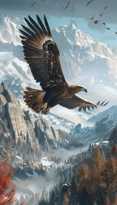 an eagle flying over a mountain covered with trees and birds in the sky above it