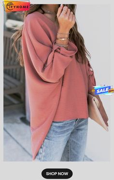 V Neck 3/4 Sleeve High Low Hem Shirt Oversized Half Sleeve Blouse For Fall, Trendy 3/4 Sleeve Blouse For Fall, Oversized Half-sleeve Blouse For Fall, Solid Color Fall Blouse With 3/4 Sleeves, India And Pakistan, Boutique Stores, V Neck Top, Comfy Fits, High Low Hem