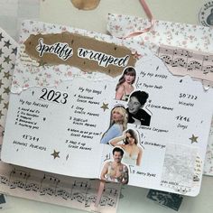 a scrapbook with pictures of people and music notes attached to the pages that have been altered