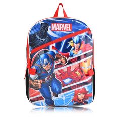 This Marvel 5 Piece Backpack Set is perfect for a day at school or a day out. This set includes a 16" Backpack, detachable lunch bag, water bottle, zip case and a matching key fob. The Backpack features one large main compartment perfect for stowing Books, Tablets or PJs. One front accessory pocket provides an easy-to-access spot for smaller items like writing utensils or a toothbrush. It has padded and adjustable shoulder straps for comfortable carrying, a top locker loop handle and mesh side p Character Print Backpack For School, Back To School Bags With Character Print, Square Backpack, Backpack Set, Marvel Kids, Writing Utensils, Luggage Backpack, School Fits, Laptop Pocket