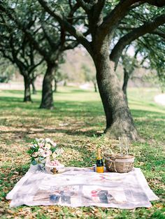 a picnic blanket on the ground in front of trees with flowers and wine bottles next to it