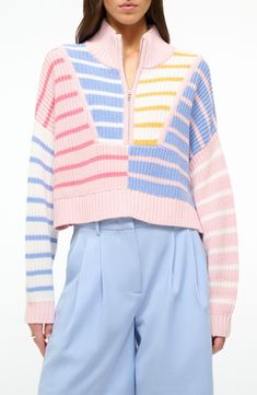 STAUD Hamptom Stripe Half Zip Sweater | Nordstrom Denim Sweater Jacket, Half Zip Sweater, Denim Sweater, Half Zip Sweaters, Modern Dress, Mock Turtleneck, Zip Sweater, Cotton Sweater, Half Zip