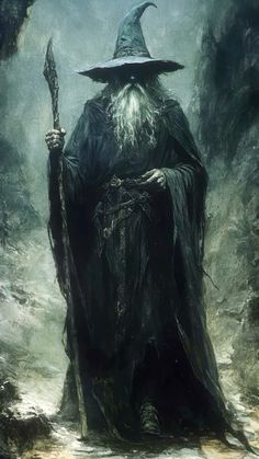 an old wizard with a staff in his hand