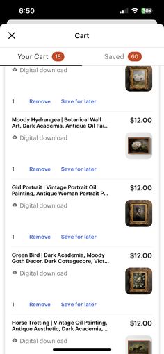 an iphone screen showing the price of paintings and other items for sale on it,