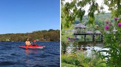 two pictures side by side one shows a man in a kayak and the other shows a bridge