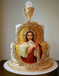 the cake is decorated with an image of jesus