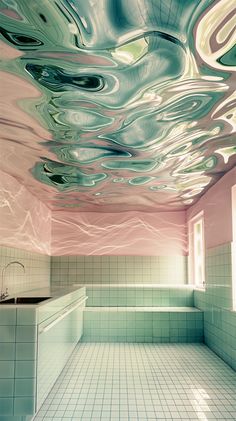 an artistic bathroom with blue and pink colors on the ceiling, tile flooring and walls