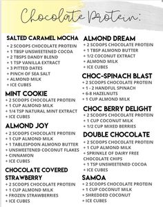 the ultimate chocolate protein list is shown in white and yellow, with text overlaying it