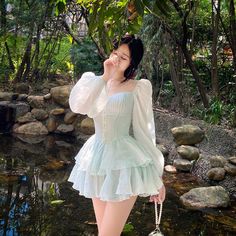 Tavimart Korean Style Sweet Party Mini Dress Women Green Chiffon France Elegant Dress Female Bubble Sleeve White Casual Fairy Dress Dresses Korean Style, Sweet Party, Party Mini Dress, White Short Dress, Bubble Sleeve, Free Style, Fairy Dress, Hoco Dresses, White Casual