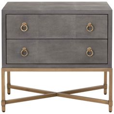 a grey and gold dresser with two drawers