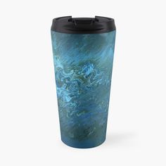 an abstract blue and green painting on a white background travel mug with black lid, front view