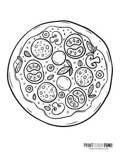 a pizza with lots of toppings is shown in this black and white coloring page