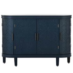 a blue cabinet with two doors and black handles