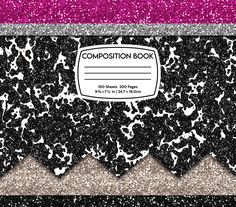 the composition book cover is black and white with pink glitters on it's edges