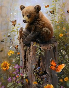 a brown bear sitting on top of a tree stump surrounded by wildflowers and butterflies