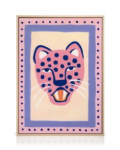 a painting of a pink leopard with black dots on it's face and eyes