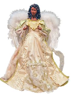 African American Angel Tree Topper - Gold/White - 16 Inch - The Country Christmas Loft Gold Feather Tree Topper, Elegant Christmas Tree Angel Topper, African American Angel Christmas Tree Topper, African American Angel Tree Topper, Fantasy Christmas, Lighted Tree Topper, Light Tree, Angel Christmas Tree, White Gold Dress