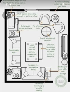 a floor plan for a living room with furniture and accessories labeled in the diagram below