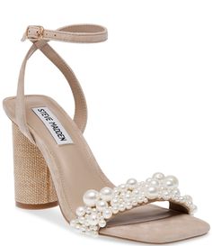 From Steve Madden&#x2C; the Martye Suede Pearl Embellished Dress Sandals feature:Suede upper with faux pearl embellishmentsSquare toe constructionAdjustable buckle closureSynthetic liningSynthetic outsoleApprox. 4" heel heightImported. Glamorous Pearl-embellished Sandals For Spring, Evening Pearl Embellished Sandals For Spring, Chic Embellished Beige Sandals, Chic Beige Embellished Sandals, Teen Homecoming Dresses, Pearl Embellished Dress, Hoco Heels, Green Fashion Outfits, Pearl High Heels