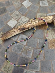 Rainbow Tourmaline & Gold Bead Necklace - Etsy Rainbow Tourmaline, Make A Necklace, Beaded Chain Necklace, Bead Wire, Gold Bead Necklace, Themed Jewelry, Blue Crystals, Pendant Earrings, Chain Pendants