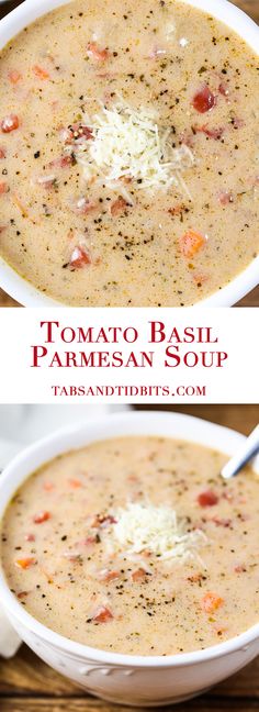 two bowls filled with soup and topped with parmesan cheese