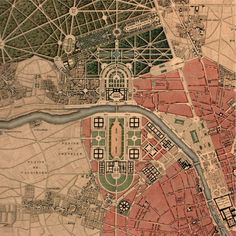 an old map of the city of paris, with its streets and buildings in red