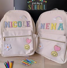 High-quality nylon backpack. Perfect for school, daycare and travel!  Free 6 patches/ letters and making are included in the customized option.  Extra patches will be $3 each. I will share a custom link once the order is placed Choose your letter patches to add a personal touch.  Size: 15 inch tall x 5 inch thick x 11 inch wide The pieces set includes a backpack and a lunch tote The pieces set includes a backpack, a lunch tote, and a pencil pouch. Pink School Bag With Letter Patch, Pink School Bags With Letter Patch, School Bag With Letter Patch For Back To School, School Bags With Letter Patch For Back To School, Back To School Bags With Letter Patch, White School Bags With Letter Embroidery, Customizable Backpack For Back To School, School Backpack With Letter Print, Customizable Standard Backpack For School